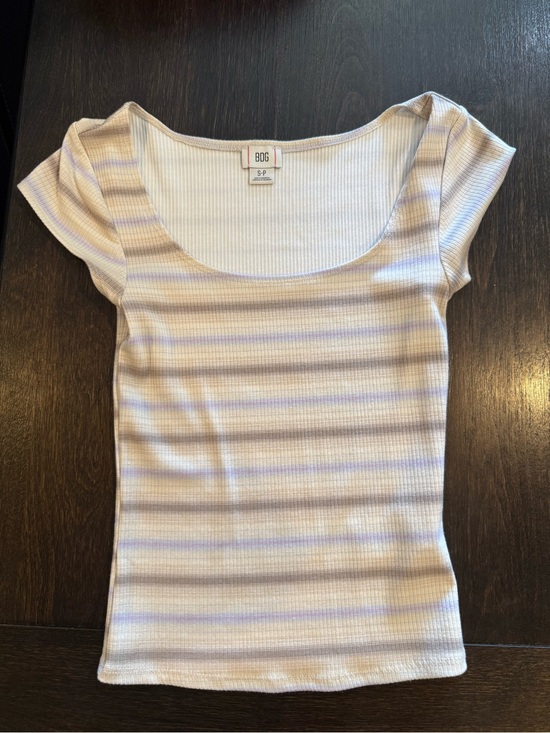 BDG Tops - BDG Cream Ribbed Scoop Neck Tee with Light Purple & Tan Stripes